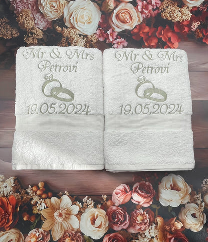 Personalised Wedding Bath Towels Silver Embroidery
