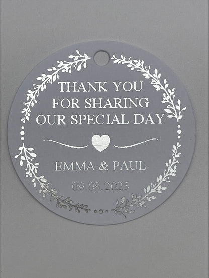 Wedding Wreath Foiled Tag Round 50mm Personalised With Name and Date