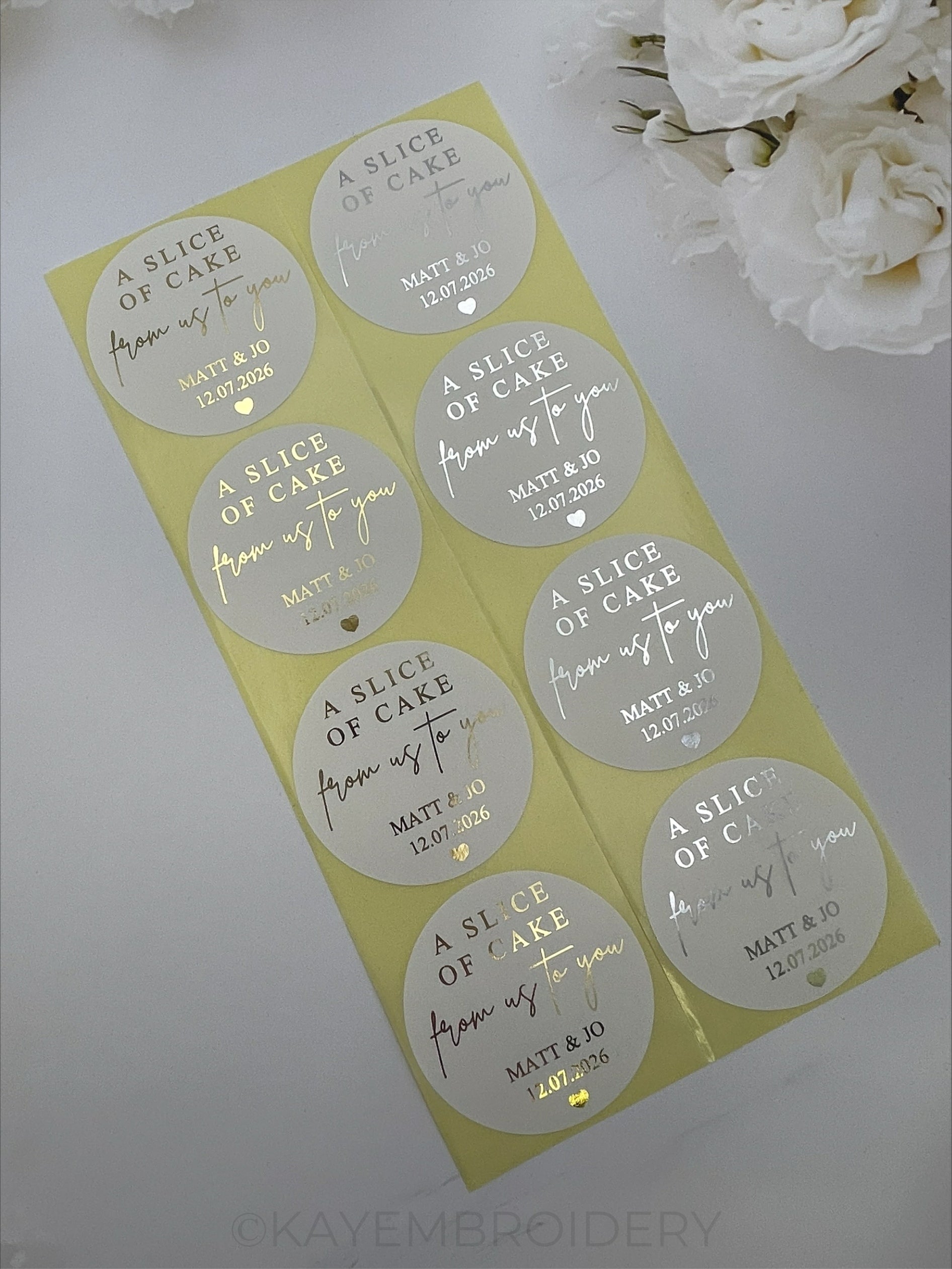Wedding Cake thank you white Stickers foiled in gold or silver personalised with name and date