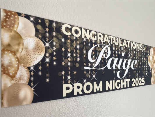 Black prom banner with stars and balloons in gold. Personalised with congratulations name and prom night 2025