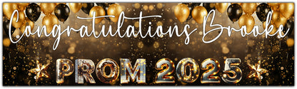 Prom Banner Black and Gold Balloons Personalised with Congratulations Name and Prom 2025