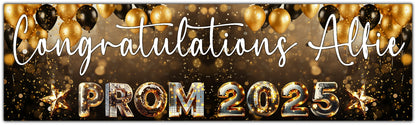 Prom Banner Black and Gold Balloons Personalised with Congratulations Name and Prom 2025