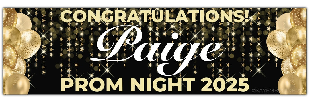 Black prom banner with stars and balloons in gold. Personalised with congratulations name and prom night with year