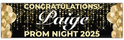 Black prom banner with stars and balloons in gold. Personalised with congratulations name and prom night with year