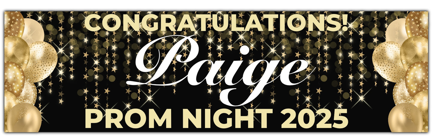 Black prom banner with stars and balloons in gold. Personalised with congratulations name and prom night 2025