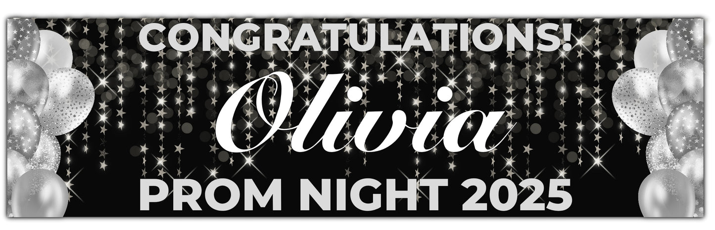 Black prom banner with stars and balloons in silver. Personalised with congratulations name and prom night 2025