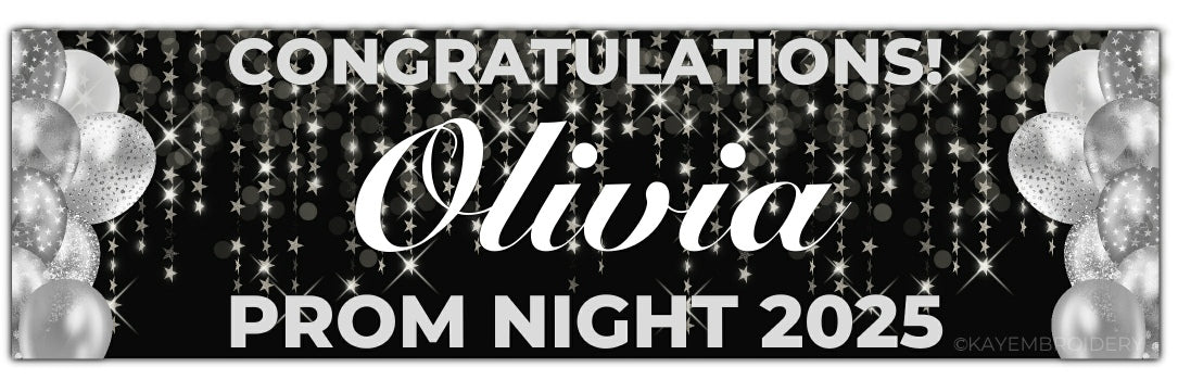 Black prom banner with stars and balloons in silver. Personalised with congratulations name and prom night with year