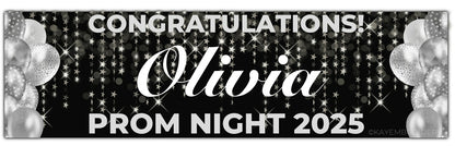 Black prom banner with stars and balloons in silver. Personalised with congratulations name and prom night with year