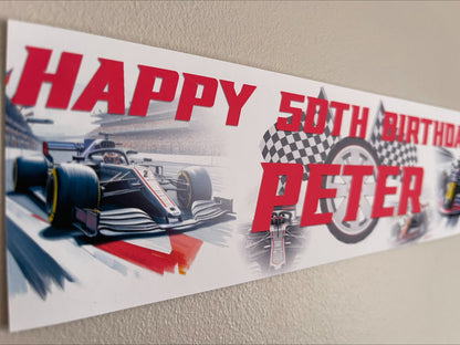 Racing Cars Birthday Banner personalised with Name and Age