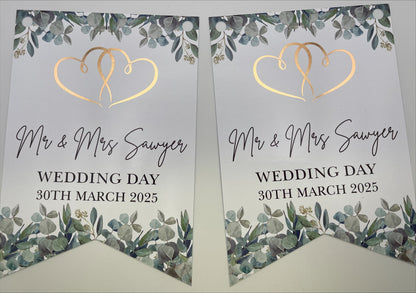 wedding bunting with eucalyptus, Rose gold foil hearts and personalised with mr & mrs Surname, wedding day and Date. Made from 300gsm single sided gloss cardstock