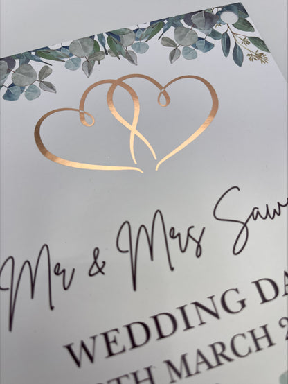 wedding bunting with eucalyptus, Rose gold foil hearts and personalised with mr & mrs Surname, wedding day and Date. Made from 300gsm single sided gloss cardstock