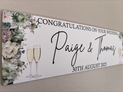 Wedding Banner with sage green flowers personalised with names and date