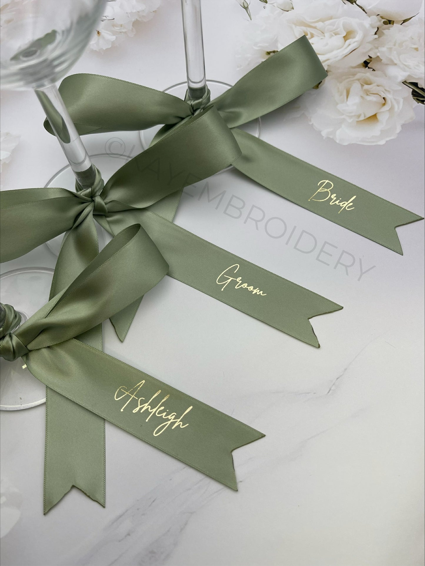Satin Ribbon Name Place Setting Foiled and Personalised with Name Wedding, Dinner, Party