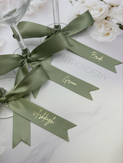 Satin Ribbon Name Place Setting Foiled and Personalised with Name Wedding, Dinner, Party