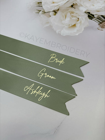 Satin Ribbon Name Place Setting Foiled and Personalised with Name Wedding, Dinner, Party