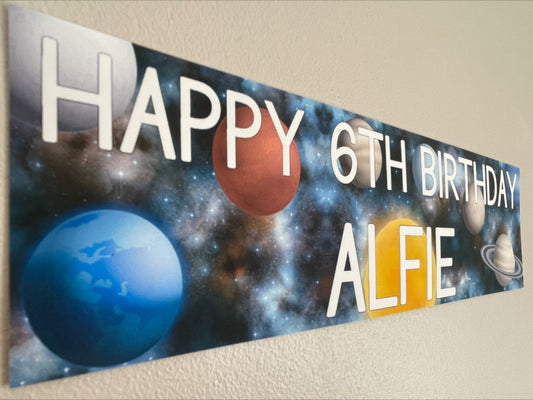 Space Birthday banner with stars and Planets, personalised with name and age