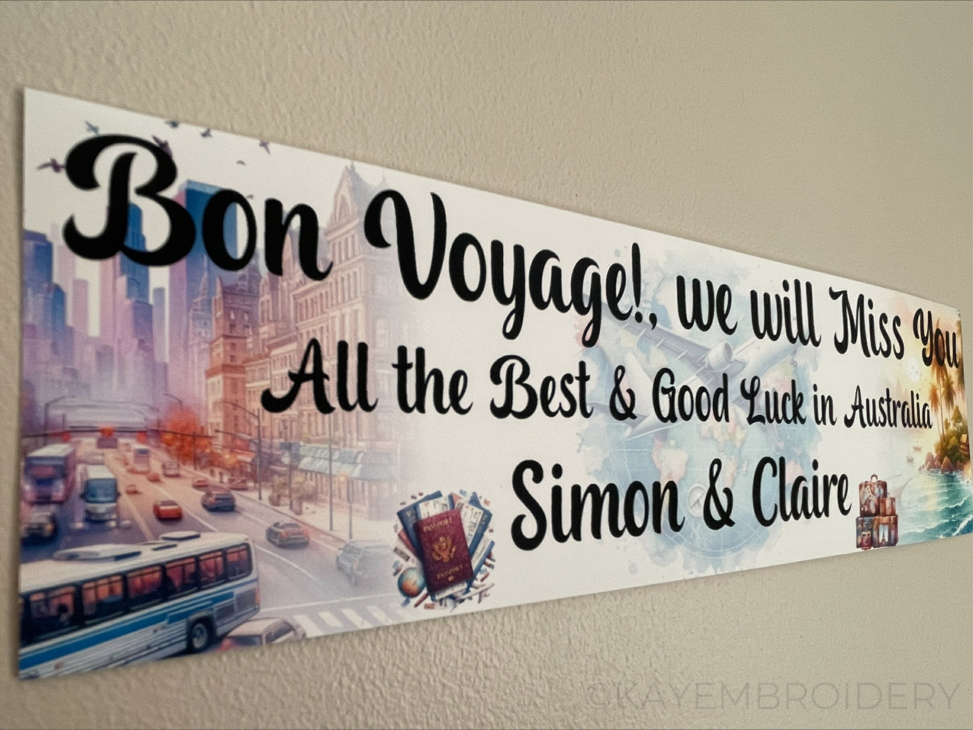 Bon Voyage adventure Travel Leaving Banner with city, beach and airplane theme personalised with names