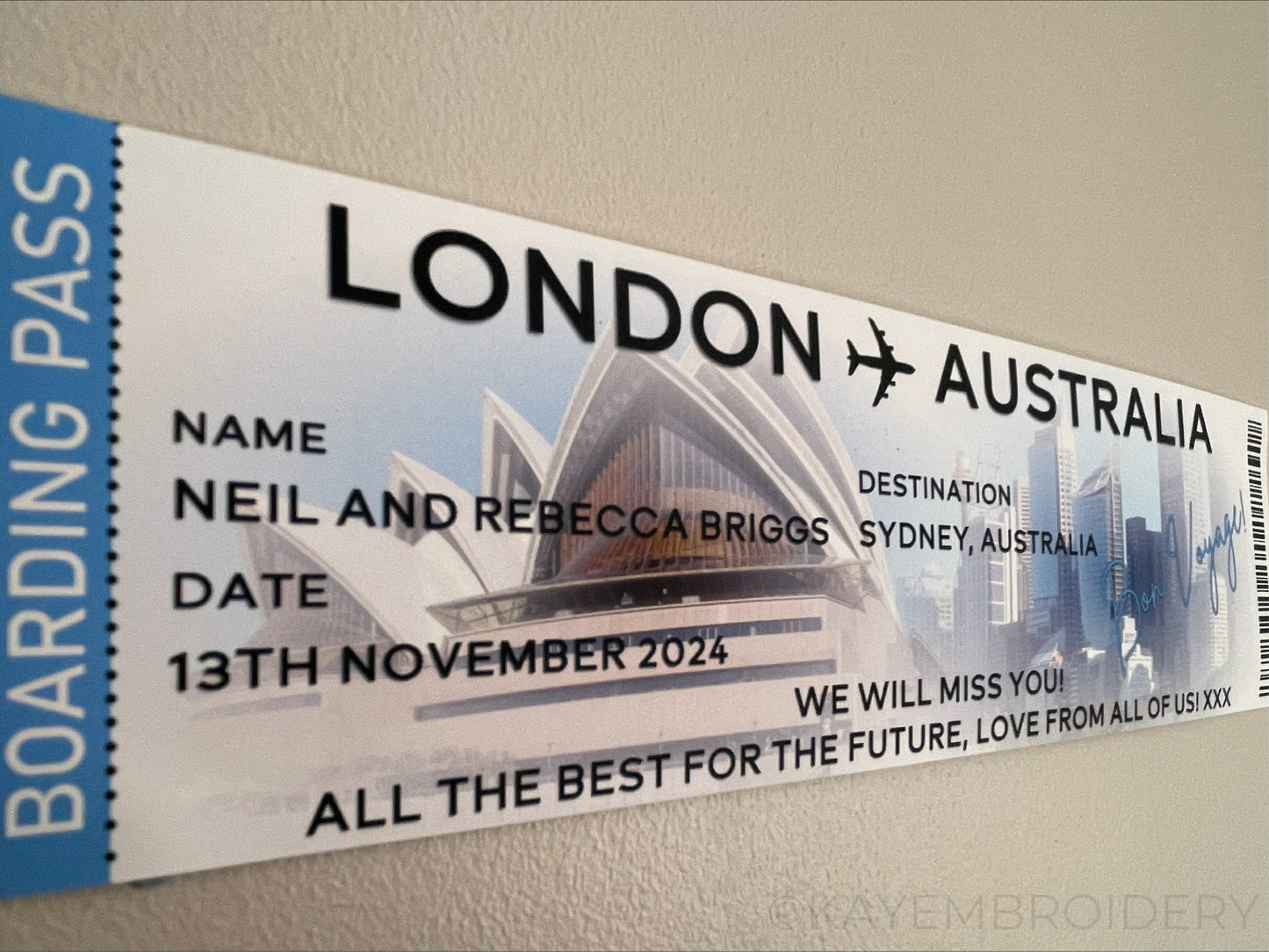 Travel emigration leaving banner in the style of a boarding pass plane ticket with destination, name and date and personalised message of choice