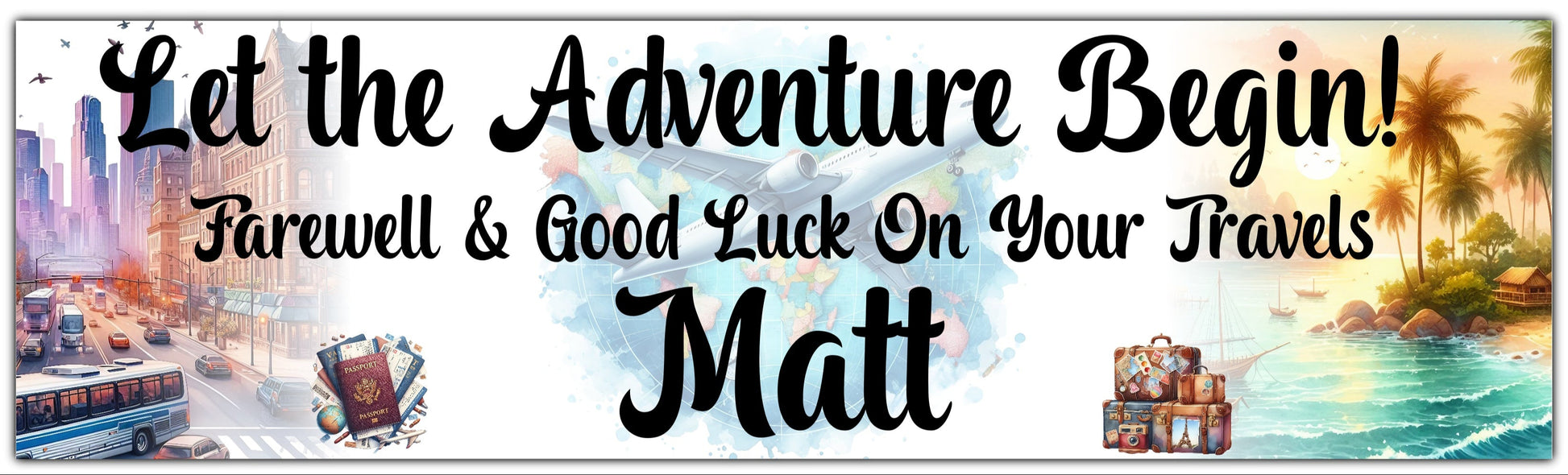 Let the adventure begin Travel Banner with image of world map and aeroplane in the background along with City & Beach theme images
