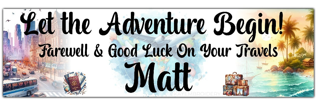 Bon Voyage adventure Travel Leaving Banner with city, beach and airplane theme personalised with names