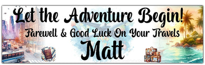 Bon Voyage adventure Travel Leaving Banner with city, beach and airplane theme personalised with names