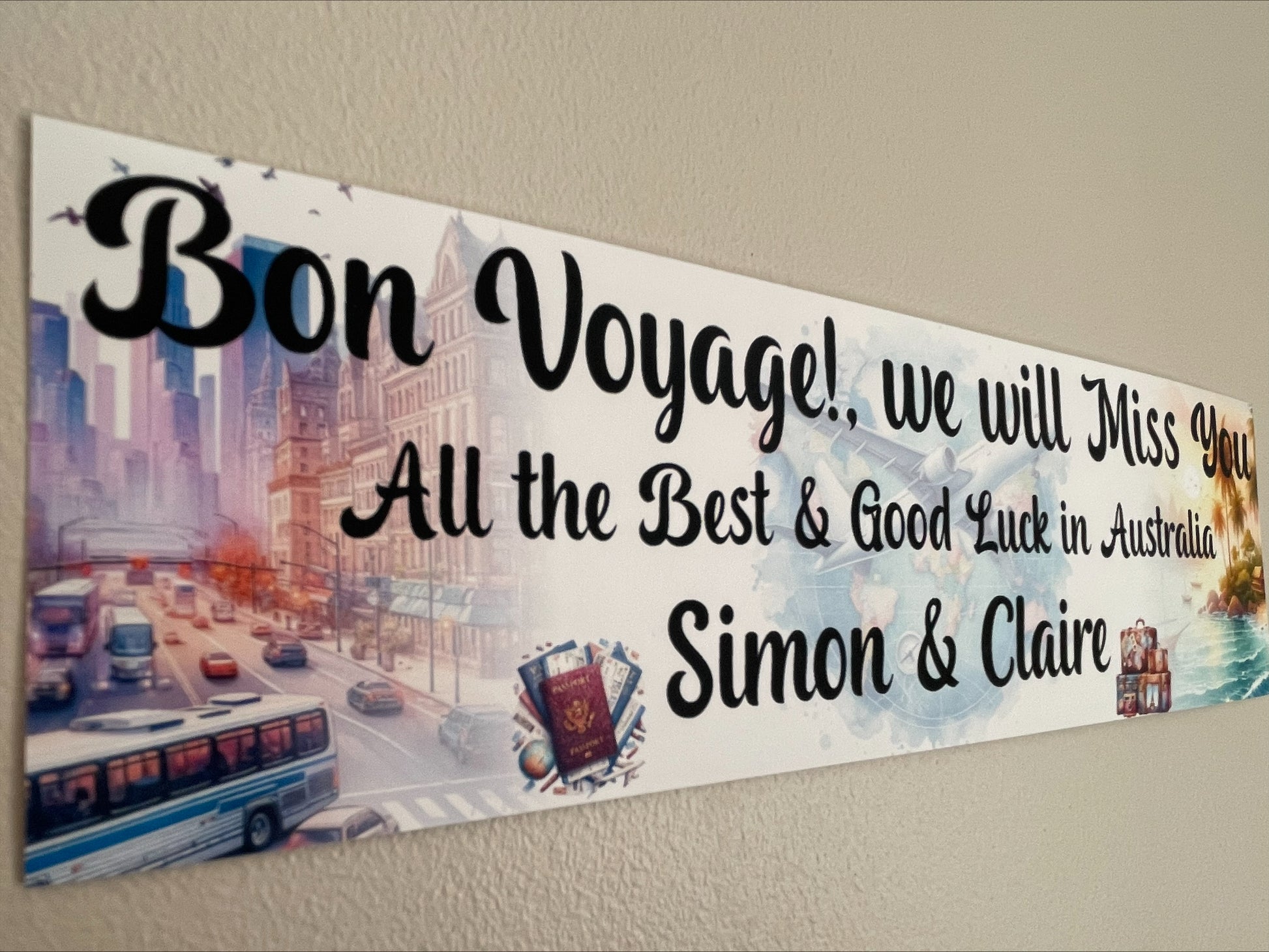 Bon Voyage Travel Banner with image of world map and aeroplane in the background along with City & Beach theme images