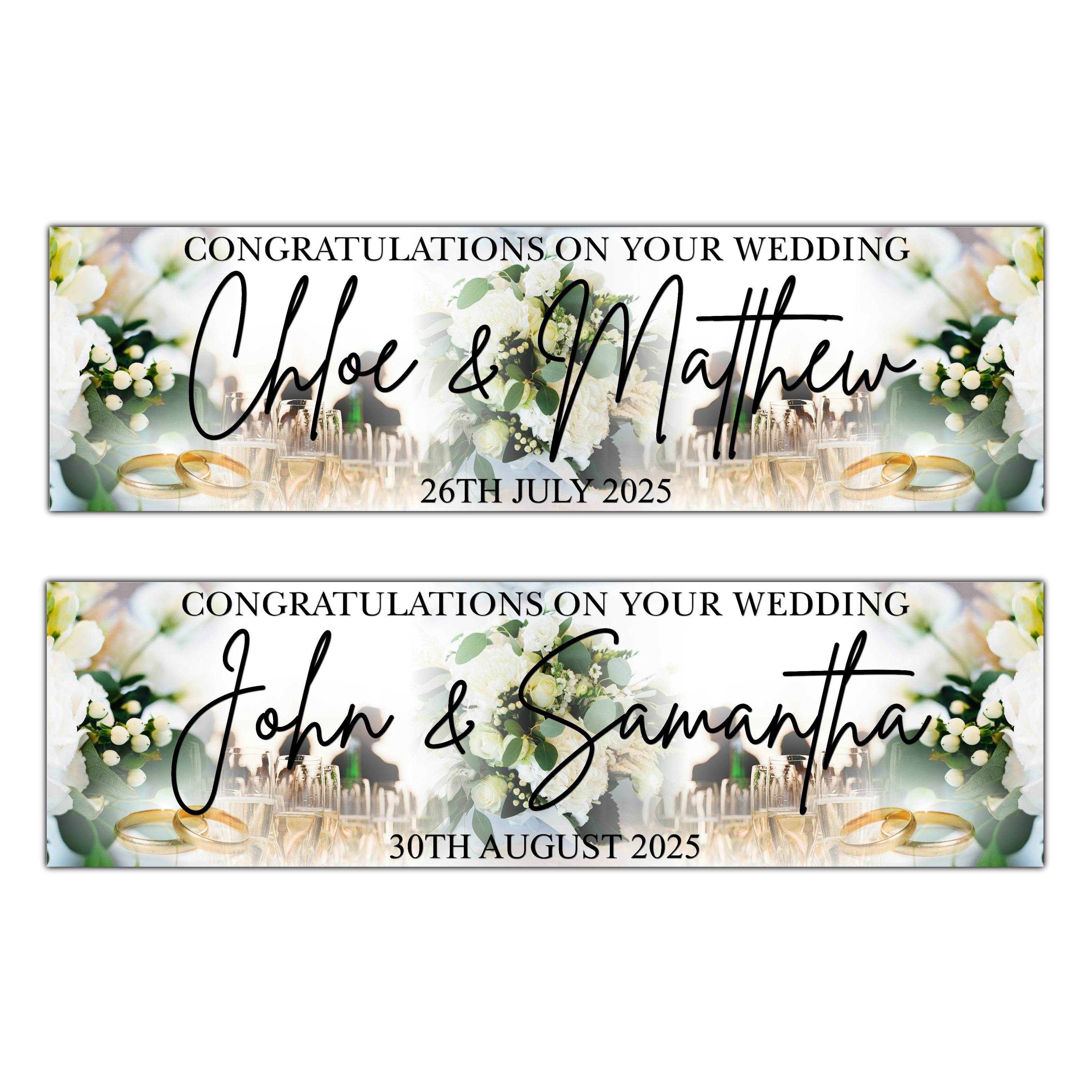 Wedding Banner with Flowers, Champagne and Rings image. Personalised with congratulations on your wedding, Names and Date