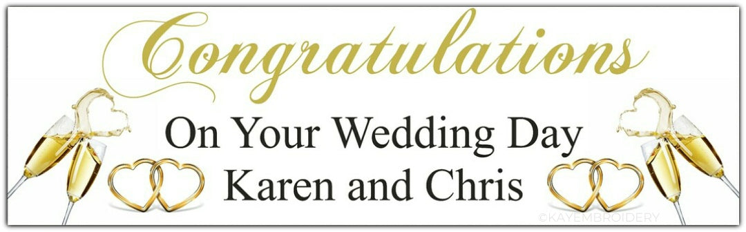 Congratulations banner for wedding personalised with champagne and hearts design in gold
