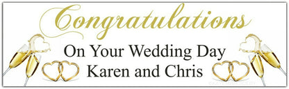 Congratulations banner for wedding personalised with champagne and hearts design in gold