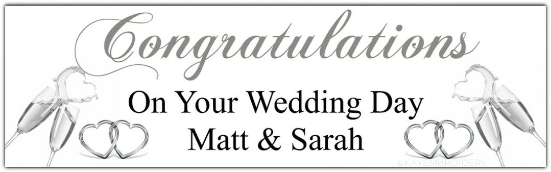 Congratulations banner for wedding personalised with champagne and hearts design in silver