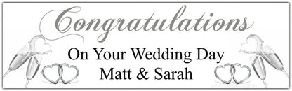 Congratulations banner for wedding personalised with champagne and hearts design in silver