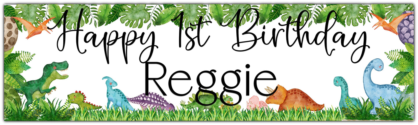 Birthday Banner with watercolour Greenery and various dinosaurs personalised with happy age birthday and name