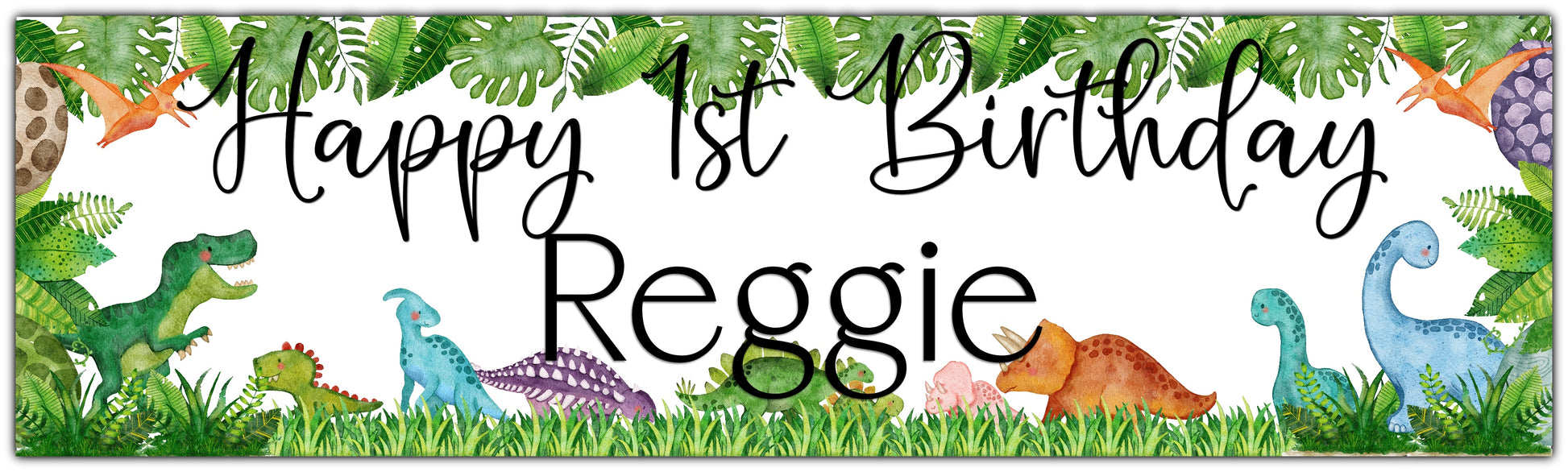 Birthday Banner with watercolour Greenery and various dinosaurs personalised with happy age birthday and name