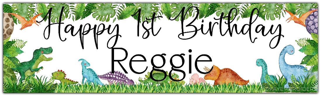 Birthday banners featuring a watercolour dinosaurs theme, t rex, triceratops, stegosaurus. Personalised with happy age birthday and name