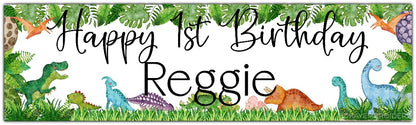 Birthday banners featuring a watercolour dinosaurs theme, t rex, triceratops, stegosaurus. Personalised with happy age birthday and name