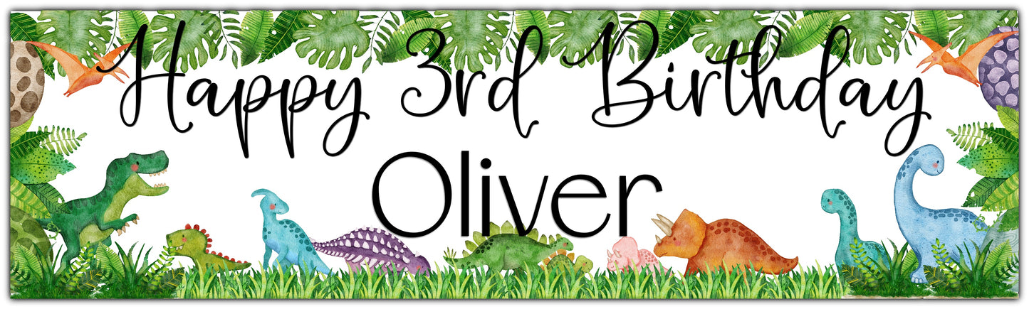 Birthday Banner with watercolour Greenery and various dinosaurs personalised with happy age birthday and name