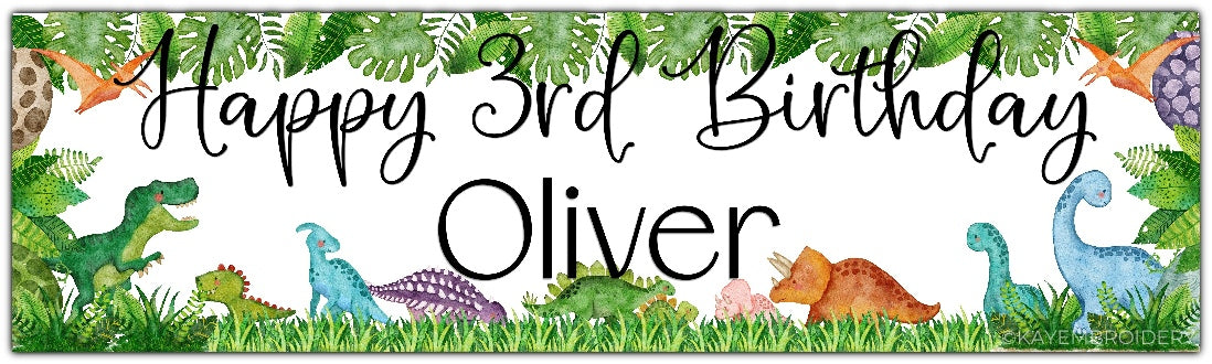Birthday banners featuring a watercolour dinosaurs theme, t rex, triceratops, stegosaurus. Personalised with happy age birthday and name