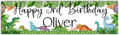Birthday banners featuring a watercolour dinosaurs theme, t rex, triceratops, stegosaurus. Personalised with happy age birthday and name