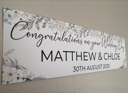Wedding Day Banner with white flowers and greenery theme, personalised with names and date