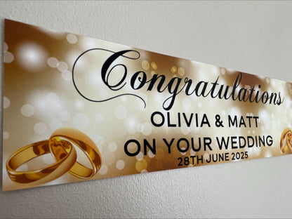 Wedding, Anniversary or Engagement Banner. Gold Bokeh Coloured background with gold Rings. Personalised with names and date