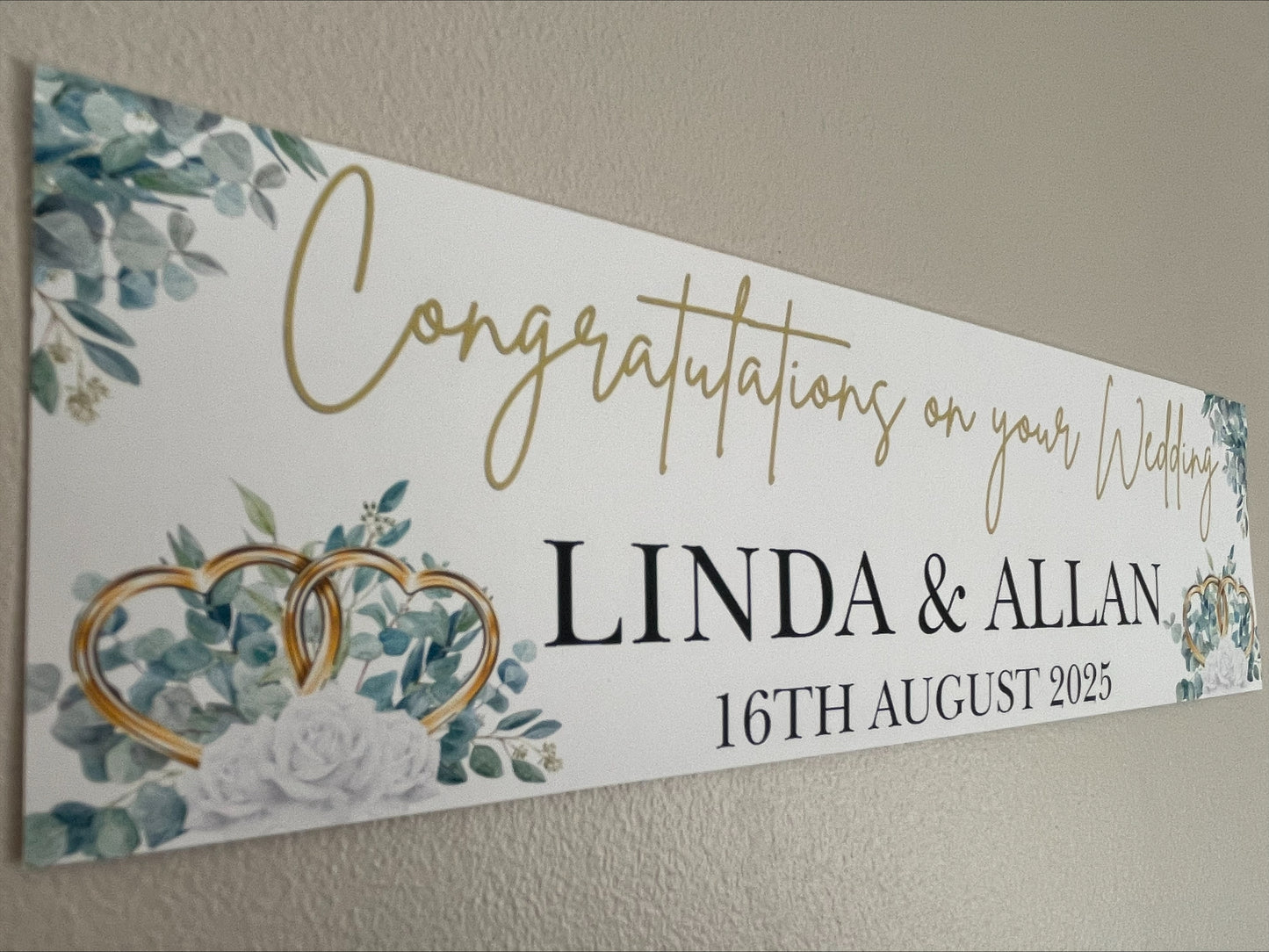 Wedding Day Banner with Eucalyptus and Hearts in Gold Personalised with names and date