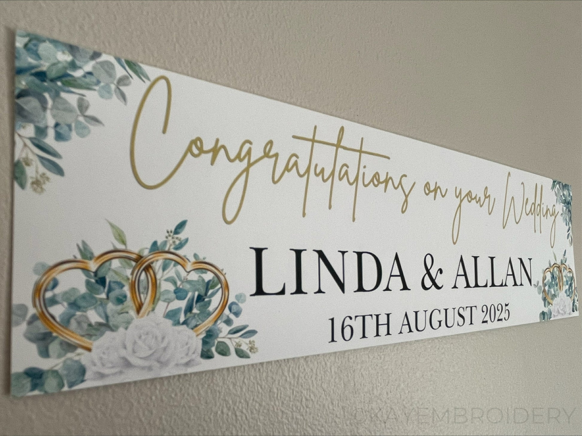 Wedding Banner with Gold Hearts, White Roses and Greenery, personalised with congratulations, Names and Date