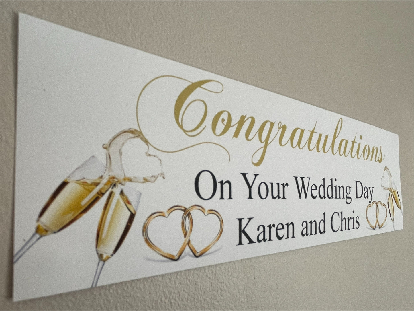Wedding, Anniversary or Engagement Banner with champagne and hearts in Gold. Personalised with names and date.