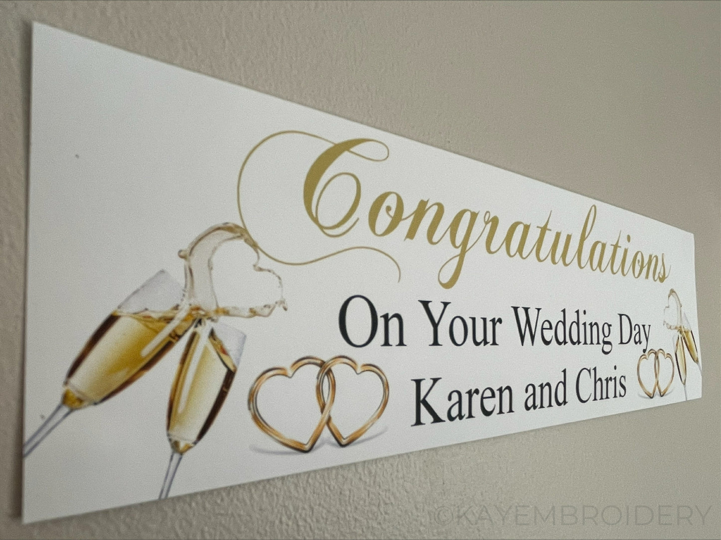 Congratulations banner for wedding personalised with champagne and hearts design in gold