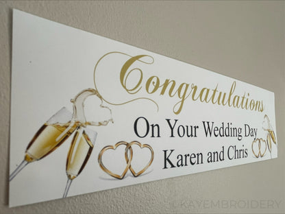 Congratulations banner for wedding personalised with champagne and hearts design in gold