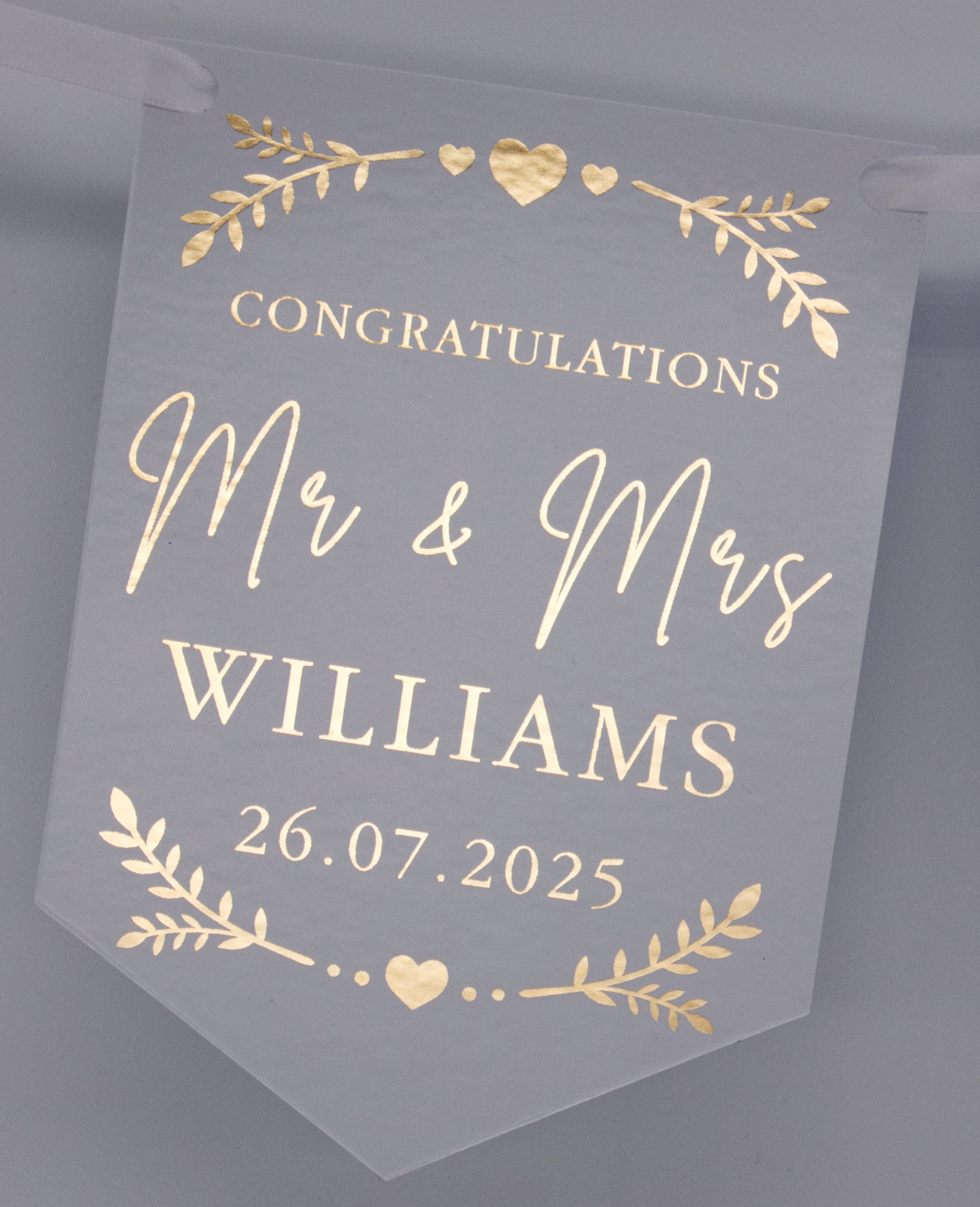 Greenery and Hearts Foiled Bunting with Names and Date in Gold. Made from Single Sided 300gsm gloss card