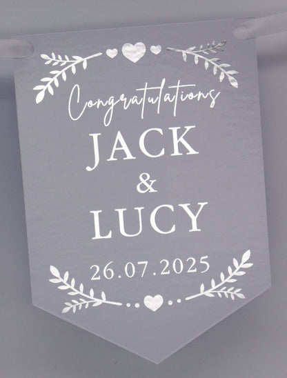 Greenery and Hearts Foiled Bunting with Names and Date in Silver. Made from Single Sided 300gsm gloss card