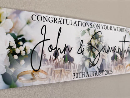 Wedding Banner with Flowers, Champagne and Rings image. Personalised with congratulations on your wedding, Names and Date
