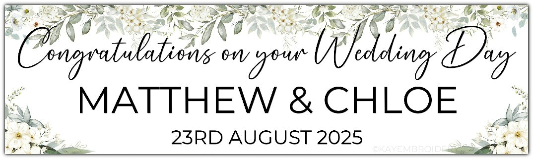 Wedding Day Banner with white flowers and greenery theme, personalised with names and date