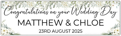 Wedding Day Banner with white flowers and greenery theme, personalised with names and date